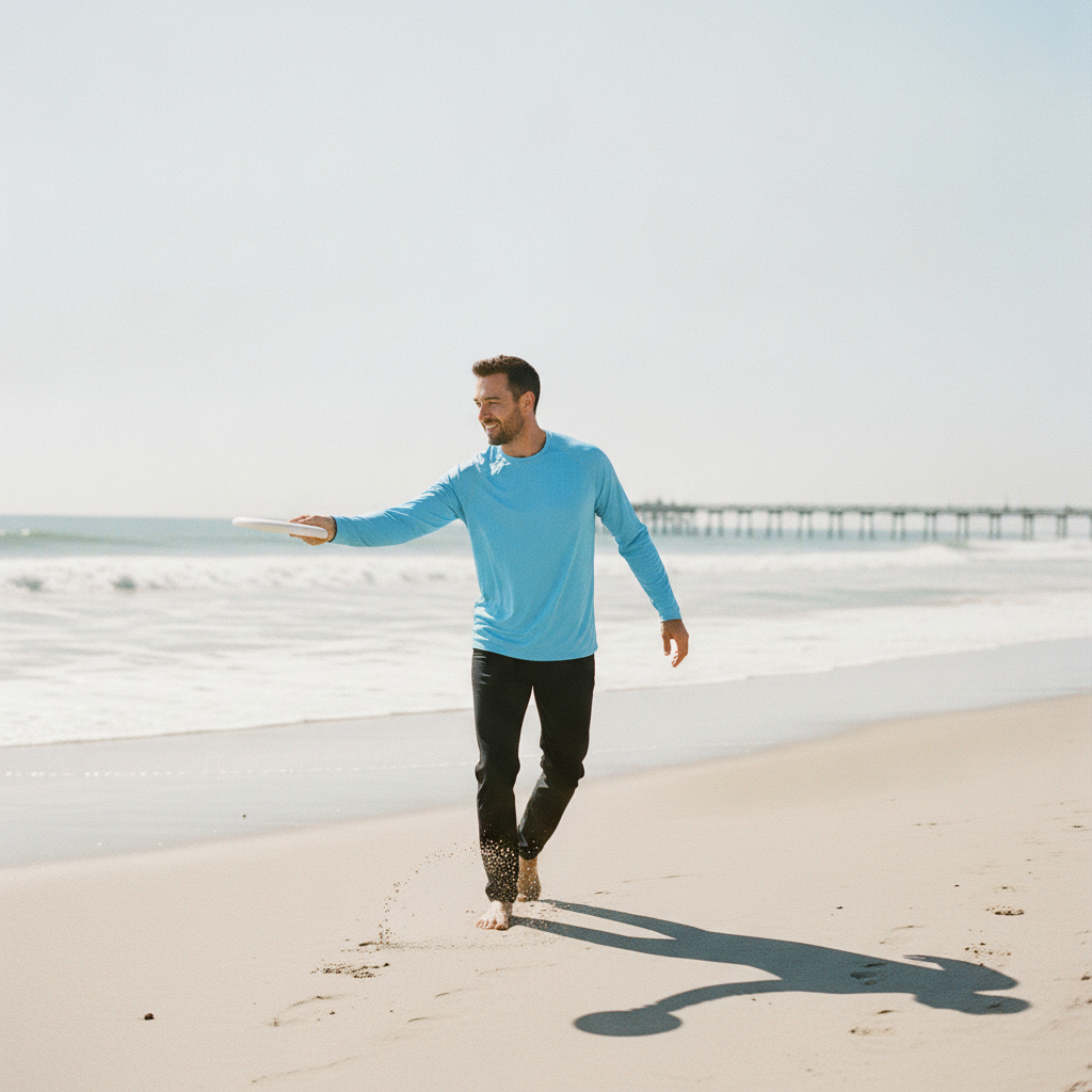Man in sky-blue UPF50+ sun shirt playing frisbee on the beach