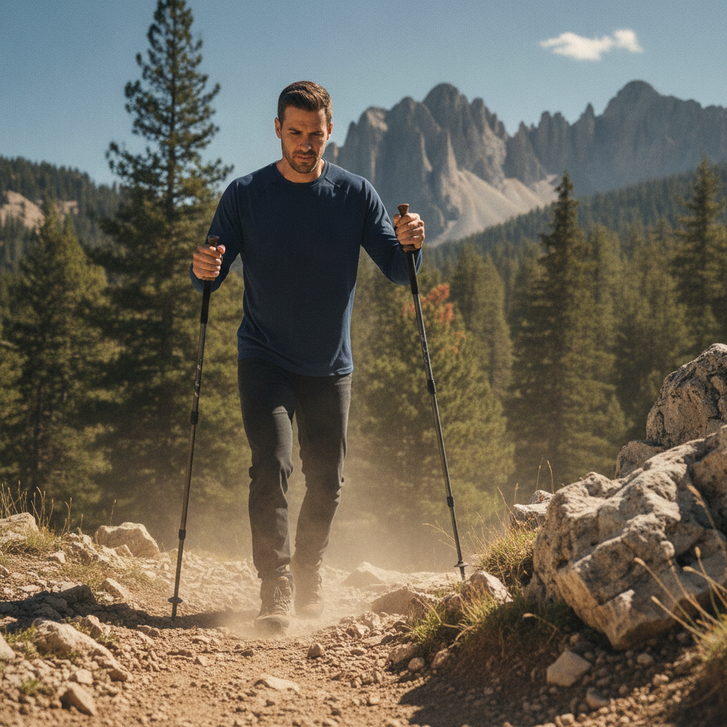 Man hiking a rocky trail with trekking poles in a UPF50+ sun shirt