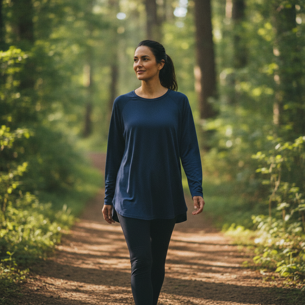 Woman in navy UPF50+ sport shirt outdoors