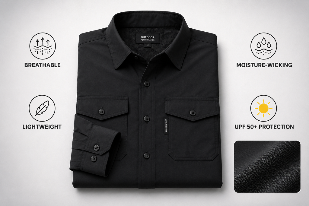 UPF50+ sun shirt features — breathable, lightweight, moisture-wicking, UPF 50+