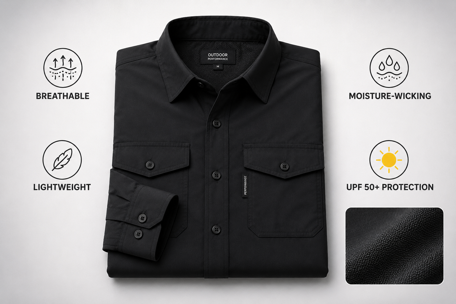 UPF50+ sun shirt features — breathable, lightweight, moisture-wicking, UPF 50+