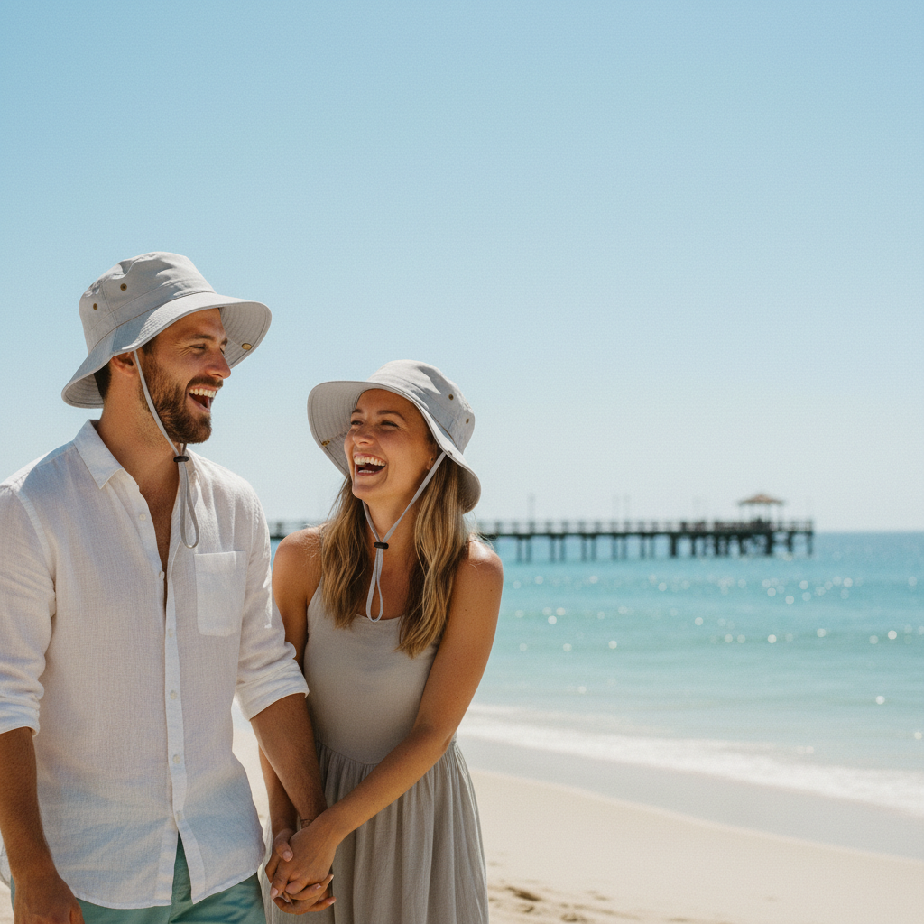 Couple on the beach wearing foldable UPF50+ bucket hats
