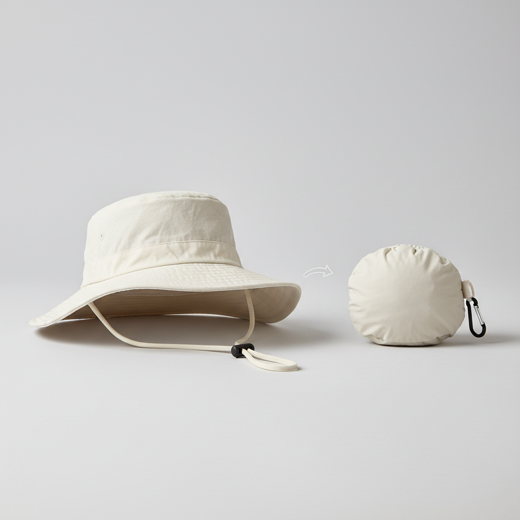 Foldable UPF50+ bucket hat packed flat to show packability